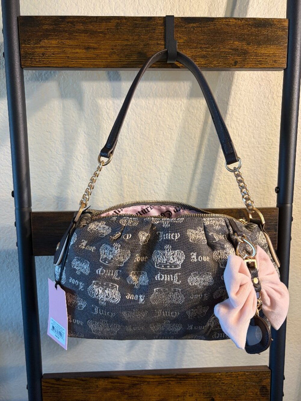 Juicy Couture Fan Club Brown Monogram Satchel Shoulder Bag Bow Charm